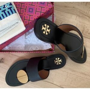 Tory Burch Designer Bentlon Patos Disk Black and Gold Sandals 6